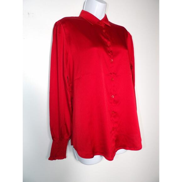 Chicos 0 Sz 4 Satin Blouse Red Solid Smocked Cuff Blouse Wild Poppy Button Up - Picture 5 of 14